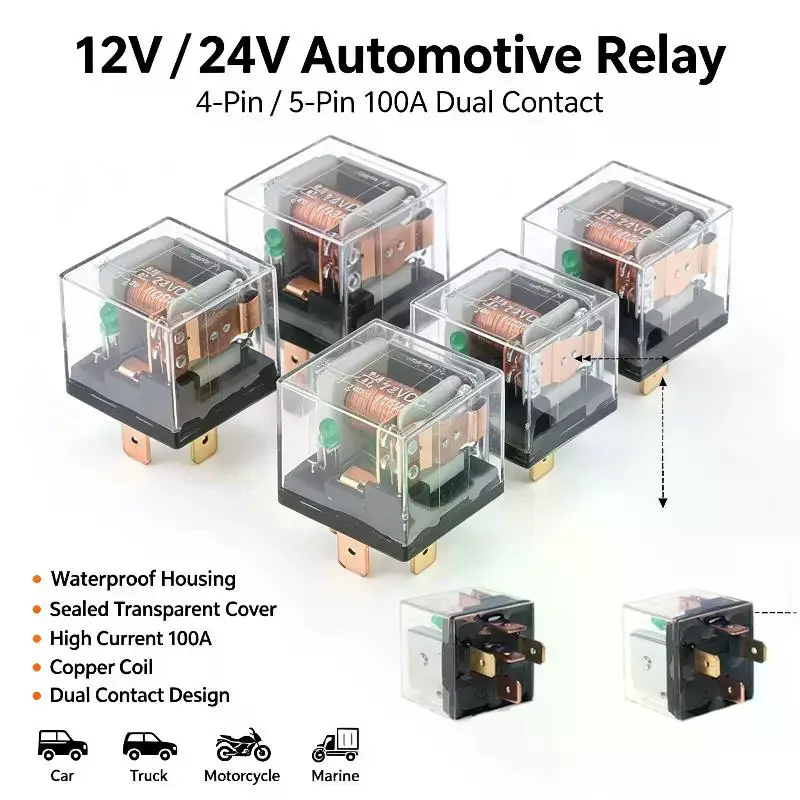 1pcs Waterproof Automotive Relay 12V 100A 5Pin SPDT Car Control Device Relays DC 24V High Capacity Switching
