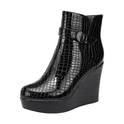 10cm Small Size 33-43 British Style Patent Leather Boots Platform Shoes 2026 Winter High Heels Wedges Ankle Boots for Office Mom