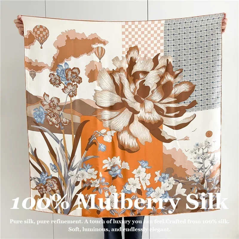 Geometric Bloom 100% Mulberry Silk Square Scarf Women 110cm Neck Warmer Soft Korean Style Long Wrap Gift Elegant Daily Fashion