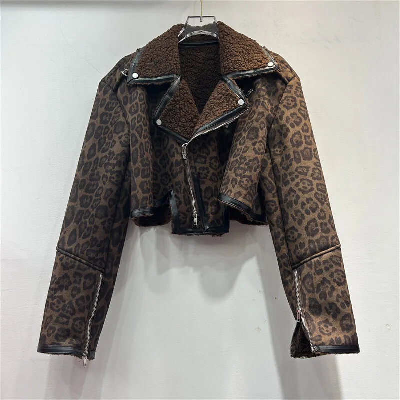 [EWQ] Vintage Style Leopard Print Long Sleeve Coffee Coat Faux Fur Jacket Streetwear Zipper Short Coats Women Winter 2024 Autumn