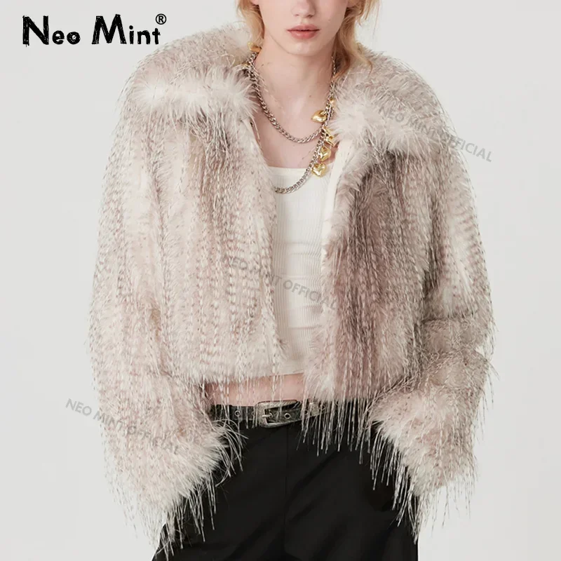 

Neo Mint Exclusive Designer 2024 Winter Gradient Faux Peacock Fur Coat Women Furry Tassels Fur Jackets Chic Y3k Girls Outerwears