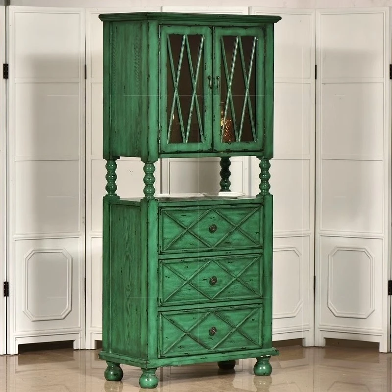 

American rural dining side cabinet solid wood small apartment wine cabinet living room storage decorative cabinet vertical sofa