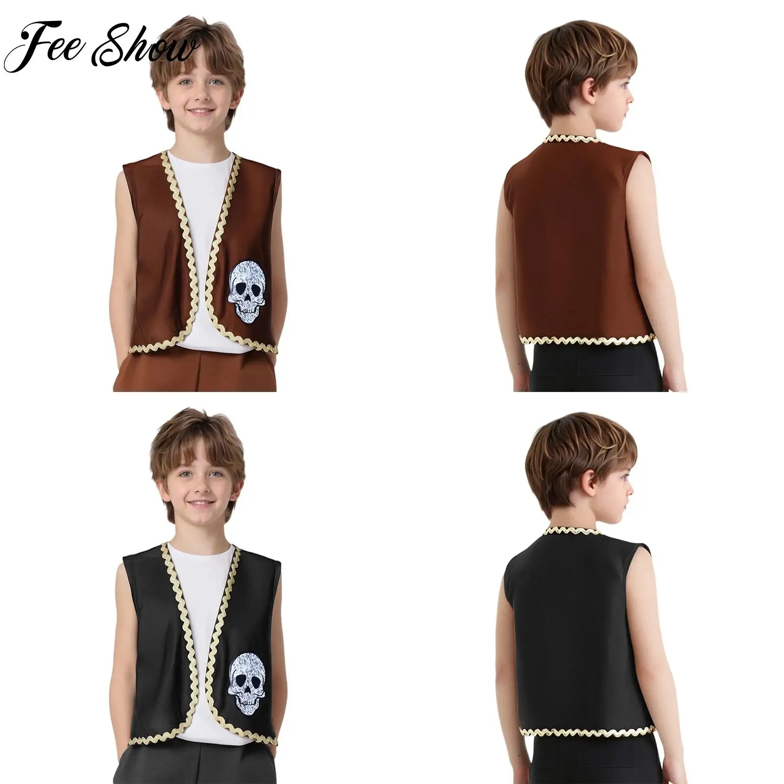 

Unisex Kids Pirate Costume Open-Front Vest Skull Bones Print Golden Wavy Webbing Pirate Vest for Halloween Dress-up Fancy Party