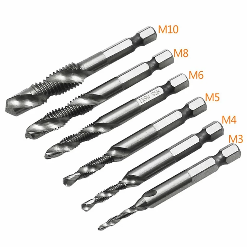 6Pcs Tap Drill Bit Hex Shank Titanium Plated HSS Screw Thread Bit Screw Machine Compound Tap M3 M4 M5 M6 M8 M10 Hand Tools