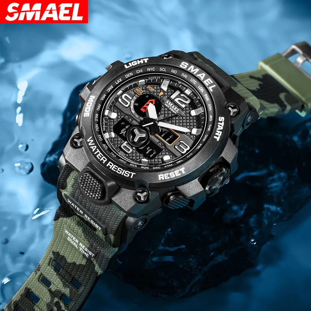 SMAEL 1545D Camo Tactical Watch Men\'s Multi functional Waterproof Night Light Alarm Clock Sports Outdoor Watch