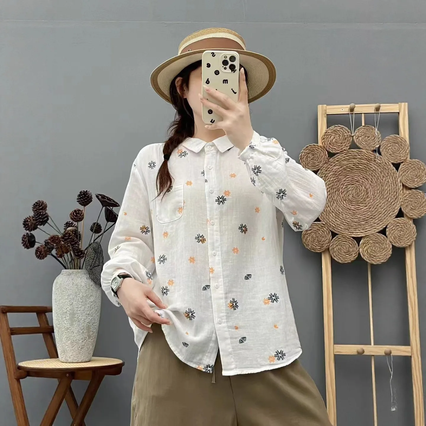 Neues Herbst-Langarmshirt aus Baumwollgarn 2025, Damen-Umlegekragen-Druck, Mori Girl Pendeln, vielseitige lockere Bluse T58952CC