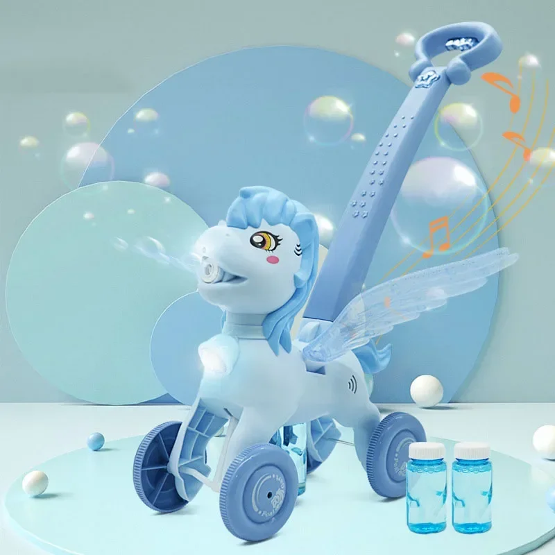 Pony Electric Bubble Machine Children\'s Hand Push Cartoon Unicorn Bubble Car Music Lighting Children\'s Toys Soap Water Birthday