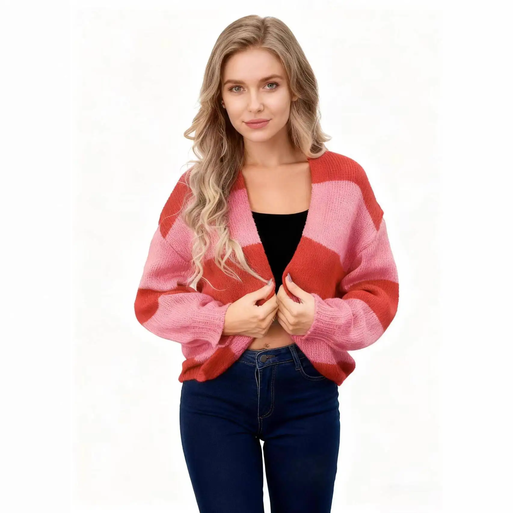 

Faionable Spliced Color Blo Open Cardigan Knitted Sweater Autumn Winter Women's Outerwear Long Sve Polyester Fiber