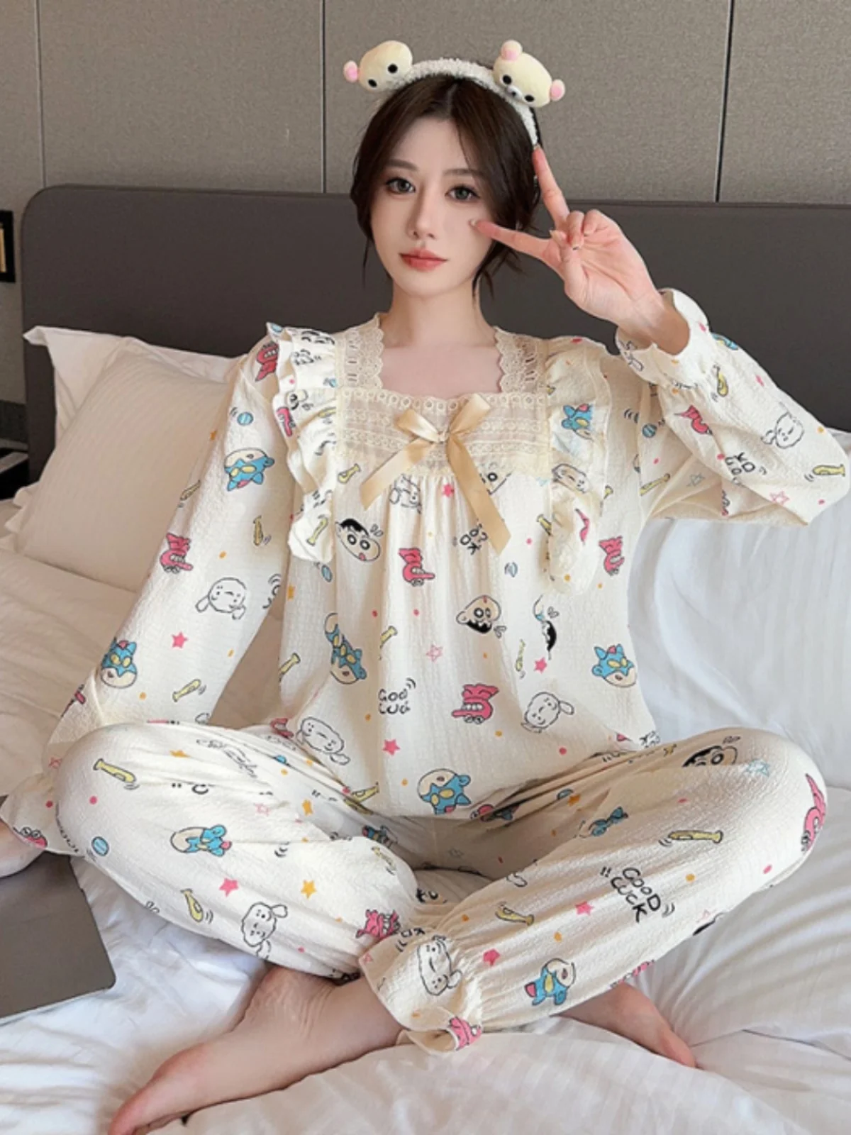 

Long Sve Bubble Cotton Spwear Set for Women Sweet Princ Sle Home Clothes Two-Piece Set Spring Autumn Winter