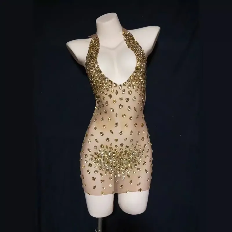 Disfraz de diamante brillante para mujer, vestido de discoteca de verano con cuello en V, bola con flecos de diamantes de imitación, vestido Formal sin mangas, vestido elegante