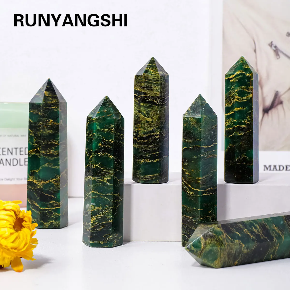 

1PC Natural Crystal Emerald Point Healing Crystal Quartz Tower Healing Wand Stone Meditation Stone Energy Gem Home Decoration