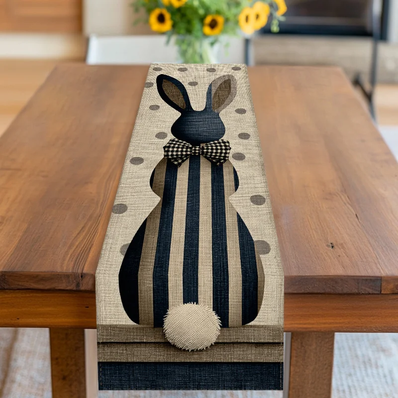 Polka Dot Stripe Bunny Bow Table Runner Blue Beige, 2D PrintforEaster WeddingBirthdayParty HomeKitchen DiningCafeTableDecoration