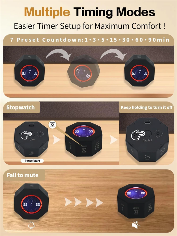 Multi-Octagonal Cube Timer Gravity Sensor Digital Timer with LED Screen Sound Alarm Silent Operation 1/5/15/30/60/90 Minutes