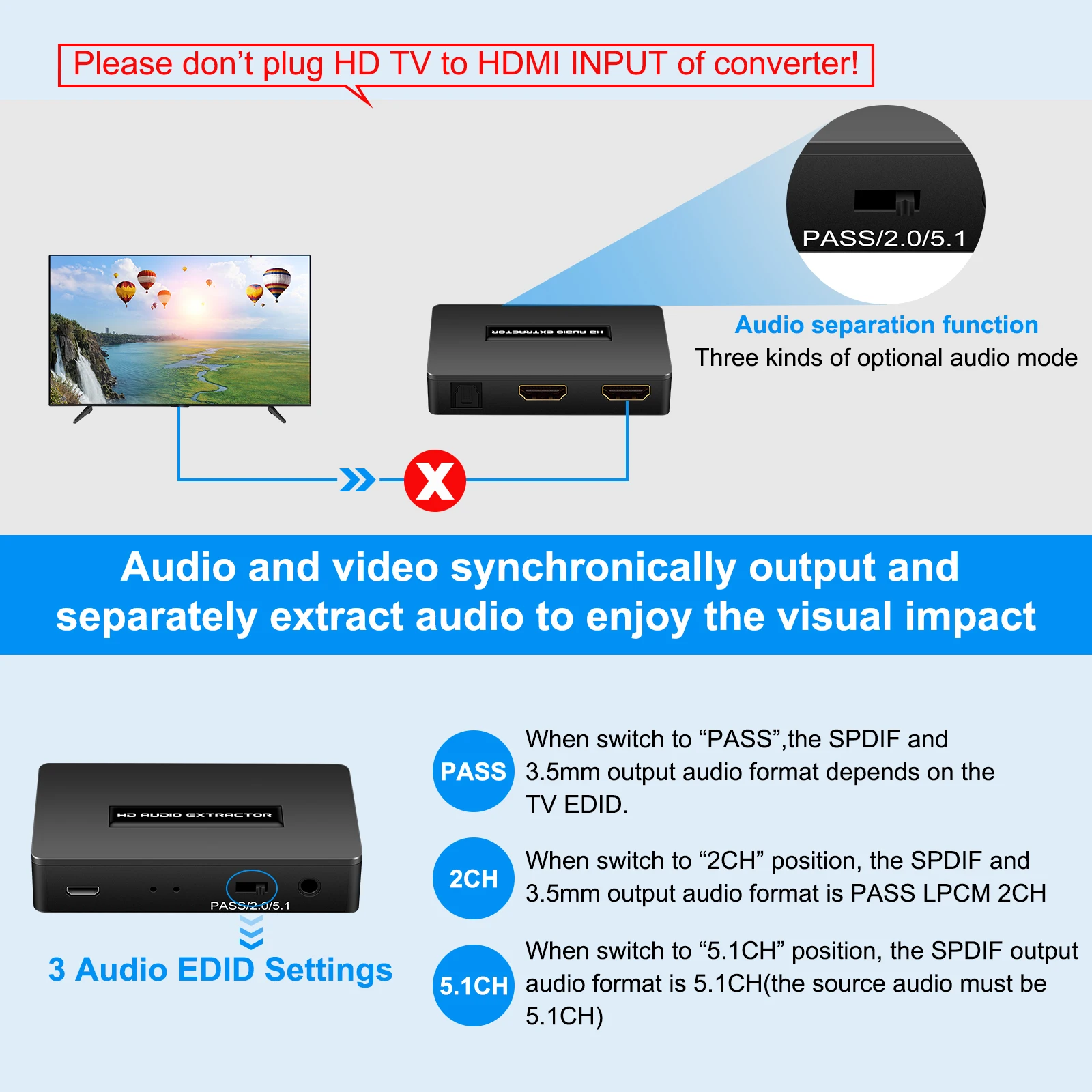 Extracteur audio compatible HDMI vers HDMI, TOSLINK optique éventuelles DIF + 3.5mm, séparateur audio stéréo avec câble de procureur