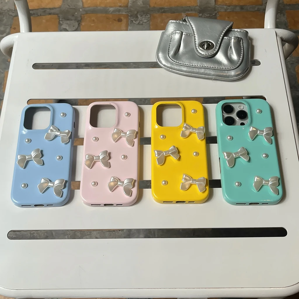 

Усовершенствованный простой однотонный стереоскопический противоударный чехол для телефона с жемчужным бантом для iPhone 16, 15, 14, 13 Pro Max