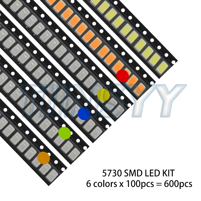 600pcs=6colors X 100pcs 5050 5730 1210 1206 0805 0603 0402 SMD LED Diode Kit Red Green Blue White Yellow Orange