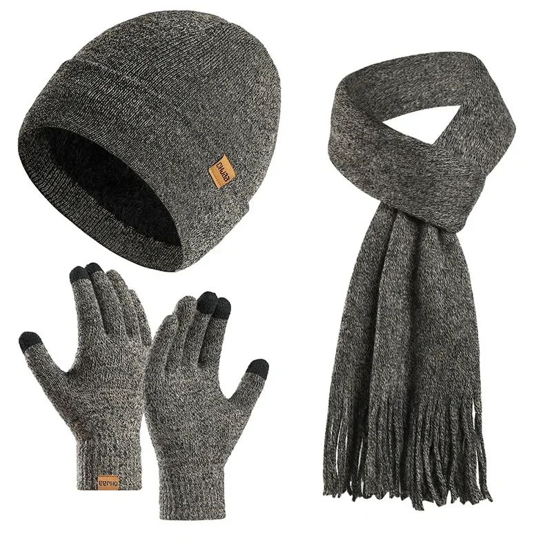 Knitted Gloves with Hat and Scarf 3 in 1 Velvet Hat and Scarf Set for Women Acrylic Fleece Winter Tassel Neck Scarf Gloves Kit