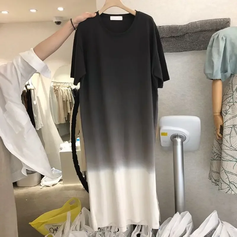 Street Casual Gradient Loose T Shirt Dress Summer New Short Sleeve O-Neck All-match Midi Dress Fashion Trend Odzież damska