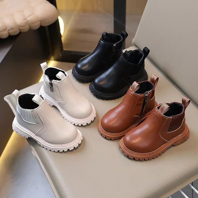 Autumn Kids Soft-Soled Retro Work Boots Children Plain Color Versatile Leather Boots Boy Girl Outdoor Non-Slip Boots Everyday