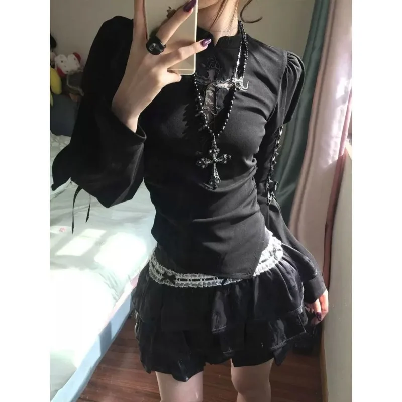 Camiseta de Manga Longa Estilo Gótico Escuro para Mulheres, Moda de Rua, Top Casual Bodycon, Vintage Americano, Primavera Verão 2026, Nova Chegada