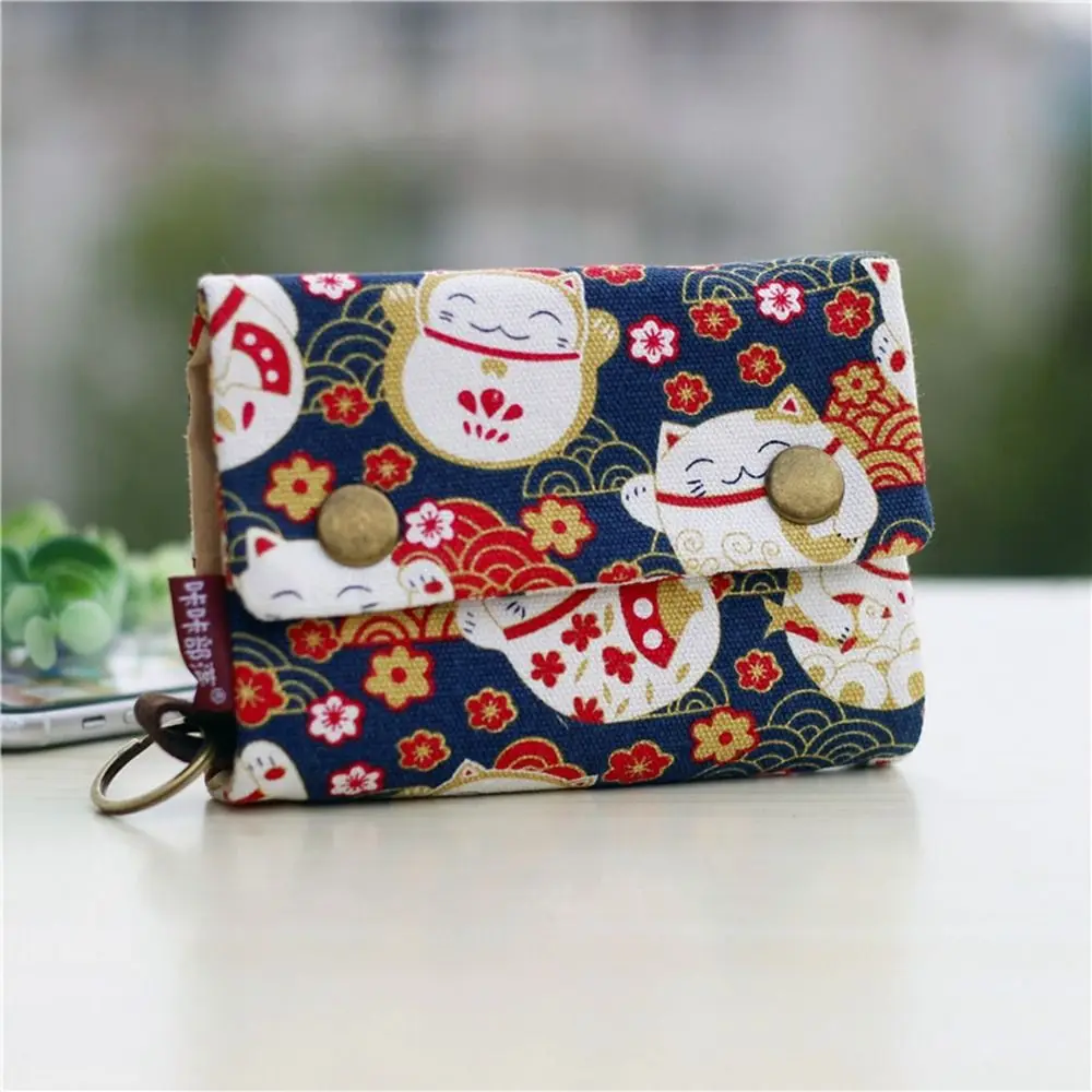 

Practical Portable Canvas Coin Purse Print Lucky Cat Maneki Neko Wallet Korean Style Three Fold Zipper Short Wallet Male