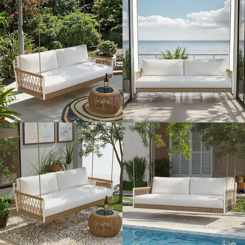 Modern White Cushion Portable Patio Sofa Swing Outdoor Aluminum Frame Rattan Hand-Wrapped Eco-Friendly Durable Hammocks