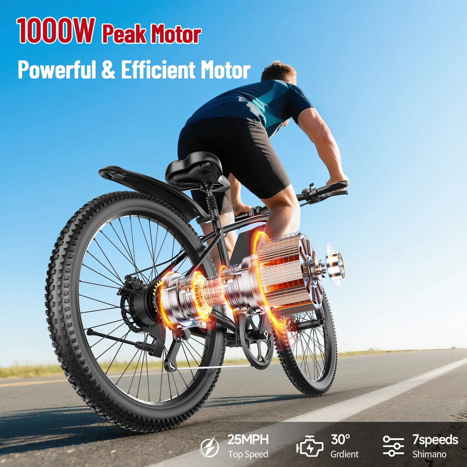 26 ''دراجة كهربائية للبالغين 1000 واط الذروة المحرك 40 ميل 25MPH ركاب EBike 7 سرعة مقاوم للماء دواسة Assit جبل كهربائي #2