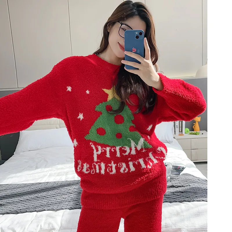 Christmas New Year Pajamas Autumn Winter Coral Velvet Nightwear Loose Casual Home Clothes Warm Knitted Loungewear Sleepwear Set