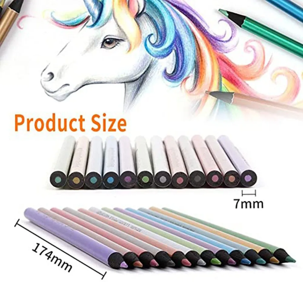 12 PCs Metallic Colored Pencils. Black Wood 12 Color Drawing Pencil Family Painting. Coloring, Sketching, DIY Art Supplies