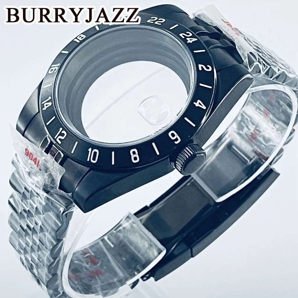 BURRYJAZZ 39 مللي متر NH34 NH35 NH36 NH70 NH72 ETA2824 PT5000 ساعة حافظة GMT وعاء من الستانليس ستيل الأسود والياقوت الزجاجي