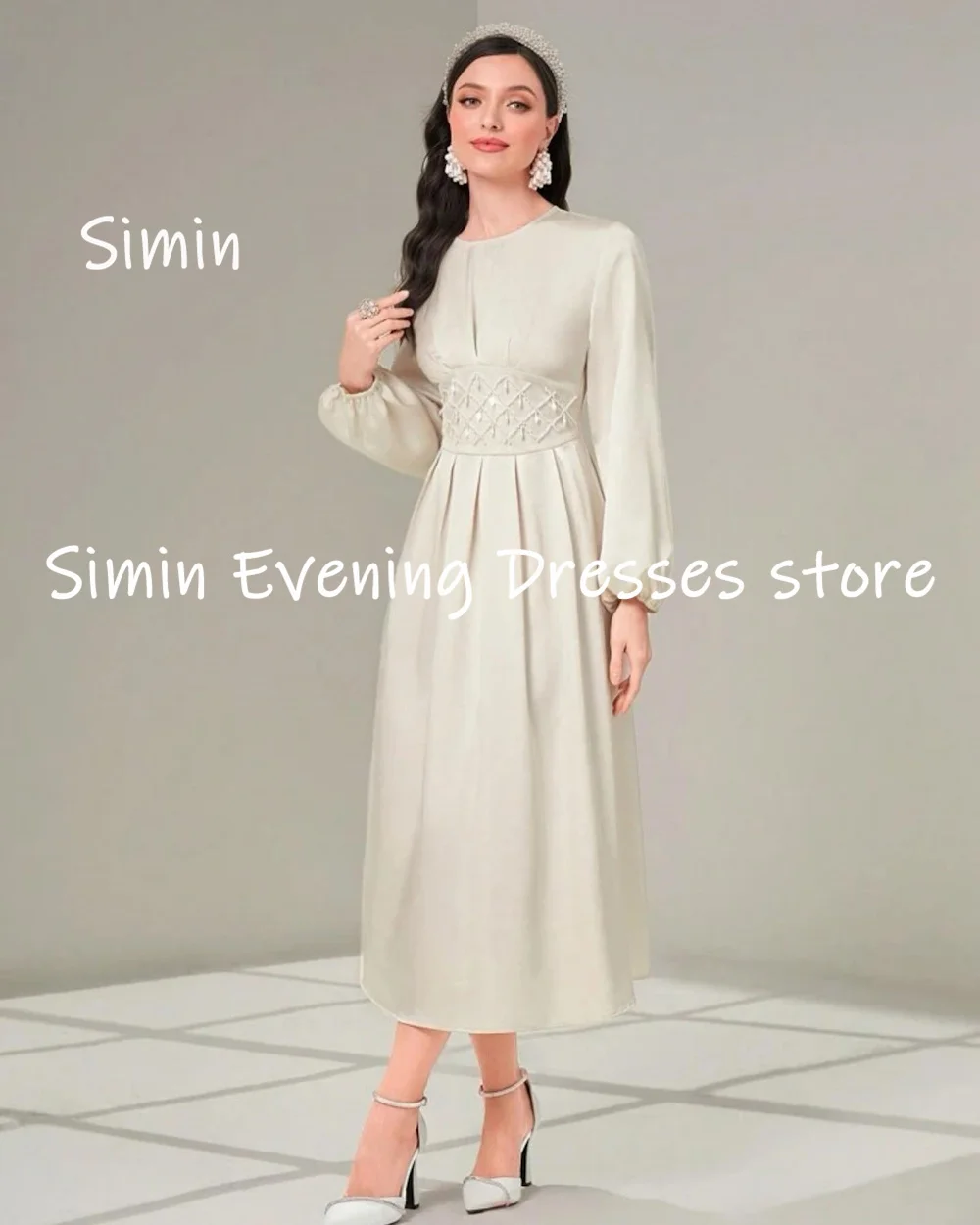 Simin-vestido de satén con escote redondo y volantes para mujer, traje Formal hasta el tobillo, elegante, para fiesta de noche, 2023