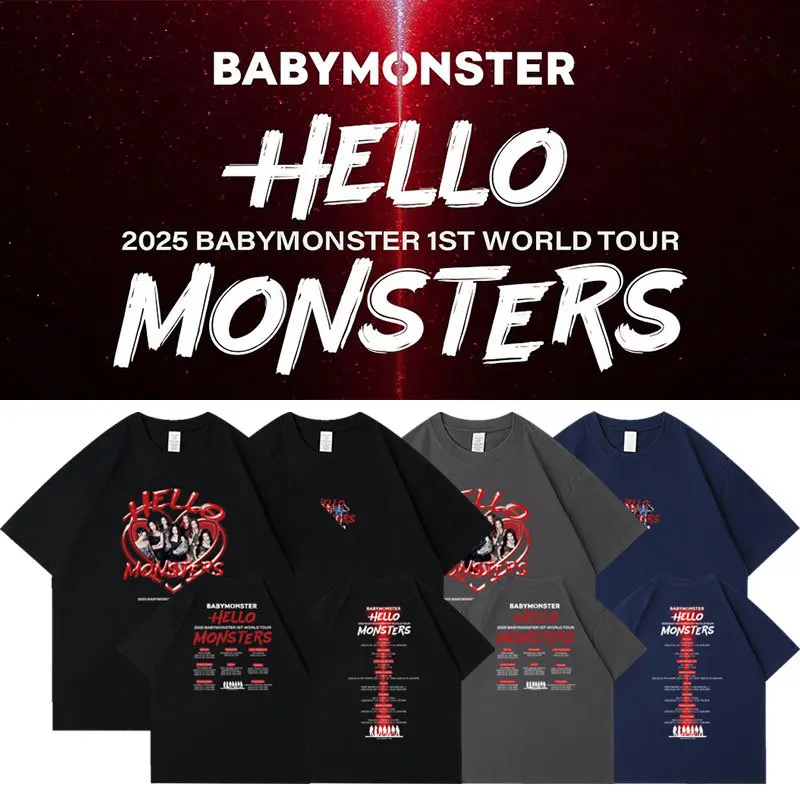 BABYMONSTER Hello Monsters T-shirt Kpop Fashion Loose T Shirt Men Women Summer Cotton Top AHYEON RAMI RORA ASA RUKA Fans Clothes