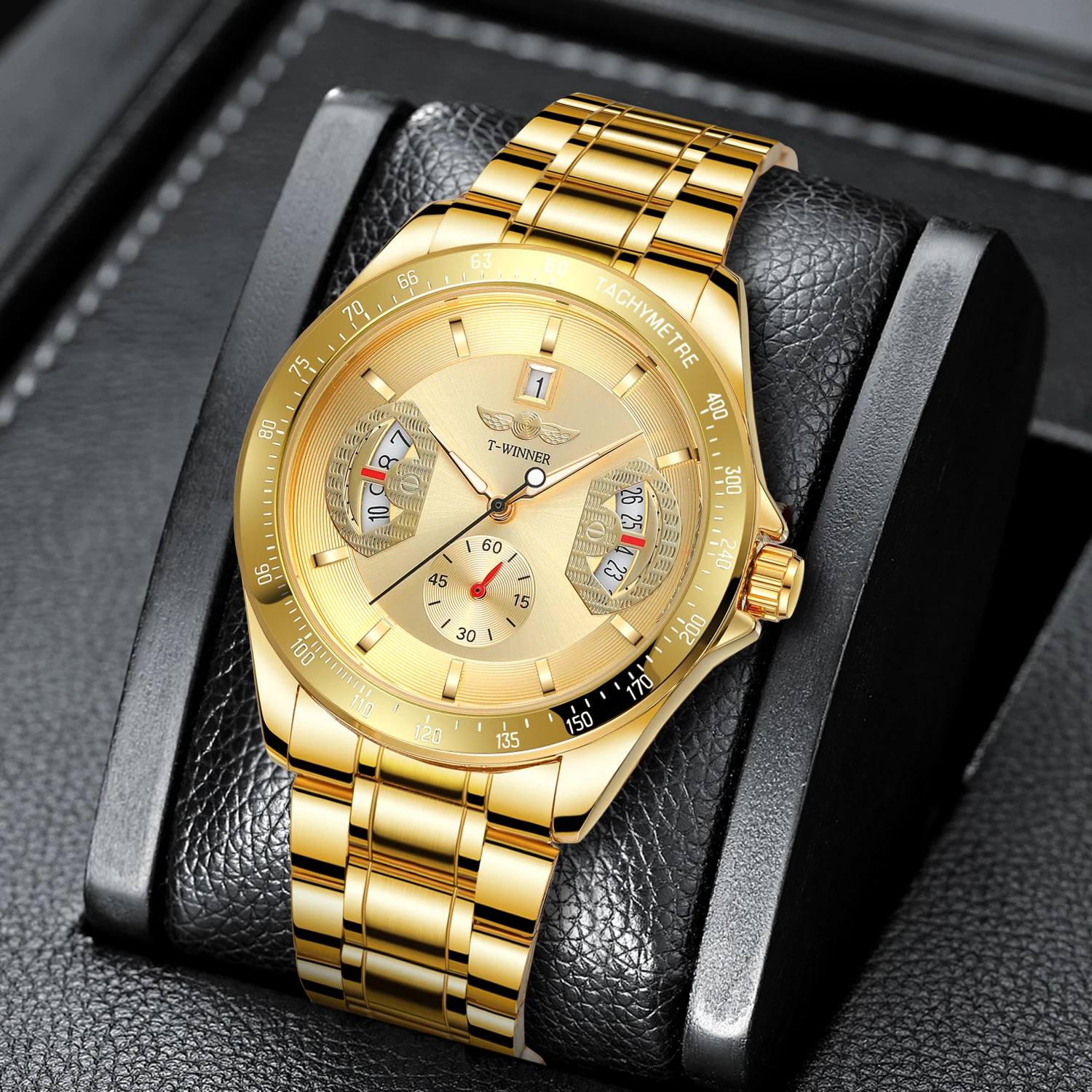 WINNER Sports Gold Automatic Watch for Men Date Display Luminous Hands Stainless Steel Strap Top Brand Luxury Mechanical Watches