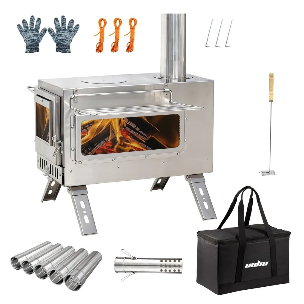 Heißer Zeltofen, Holzofen, Tragbarer Holzofen mit 6 Edelstahl-Kaminrohren für Außenheizung & -kochen