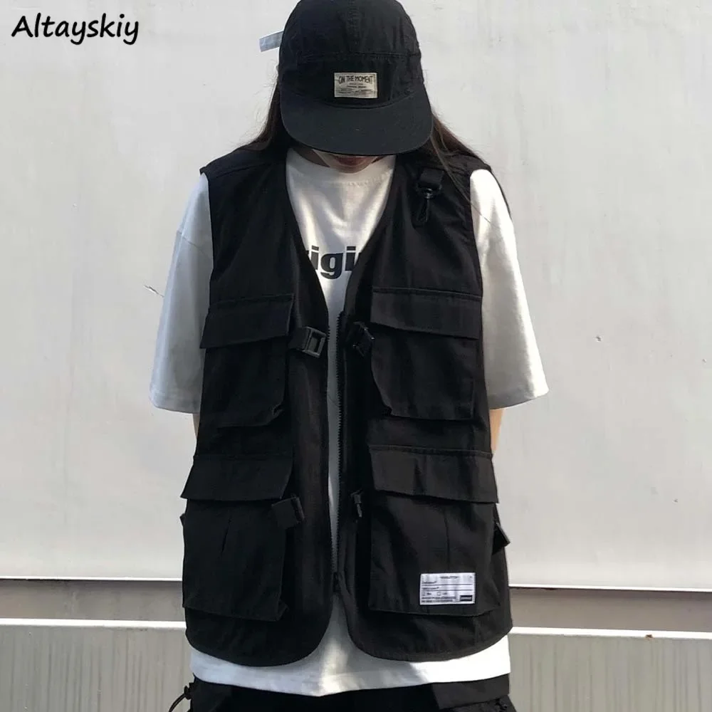 Women Vests Multi-pockets Hip Pop Couple College Loose Zipper Jackets Sleeveless Harajuku Retro BF Style Cargo Vest Casual Coats