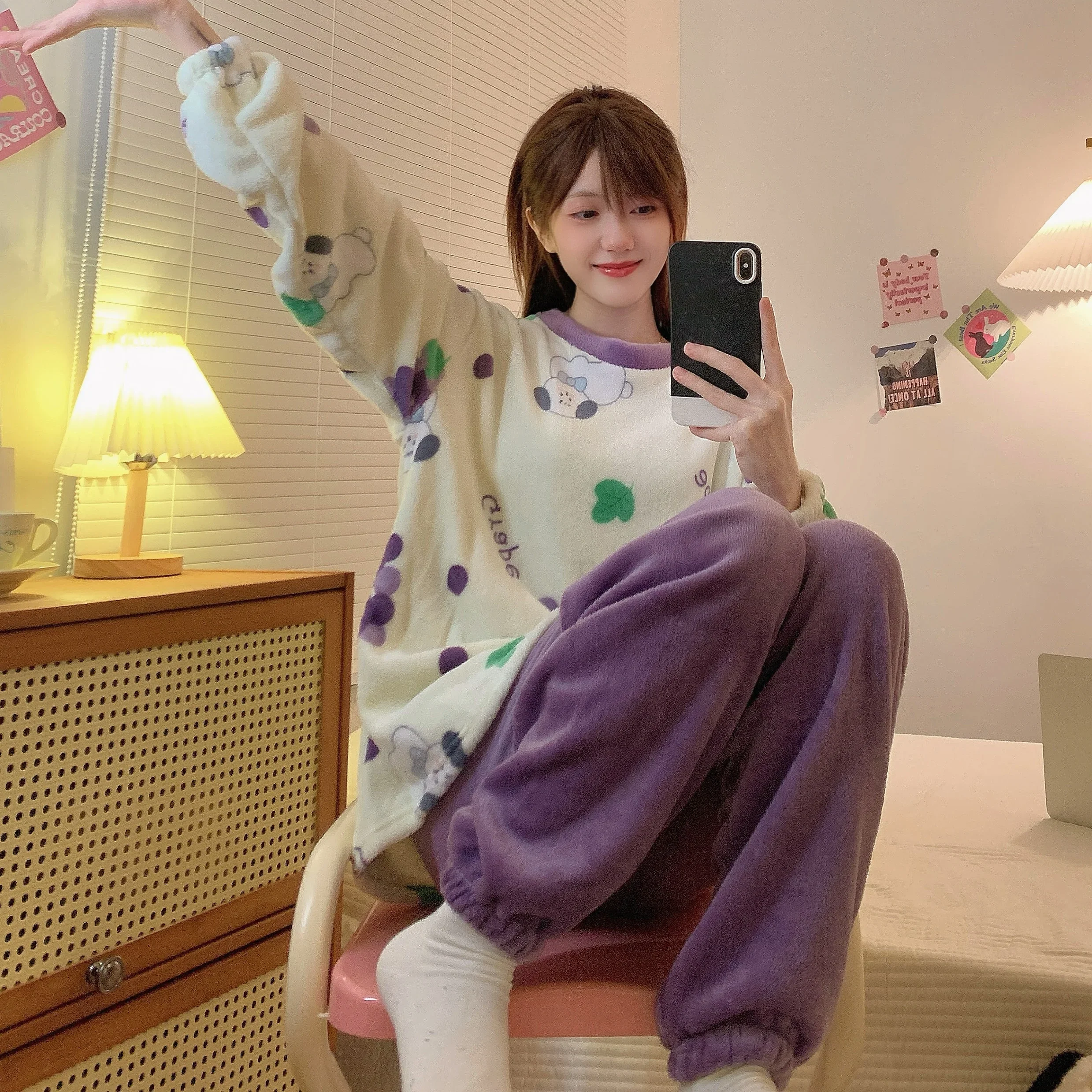 New Coral Velvet Sleepwear Women Autumn Winter Flannle Pajamas Set Soft Kawaii Cloth Warm Thick Homewear Korean Fleece Nightwear