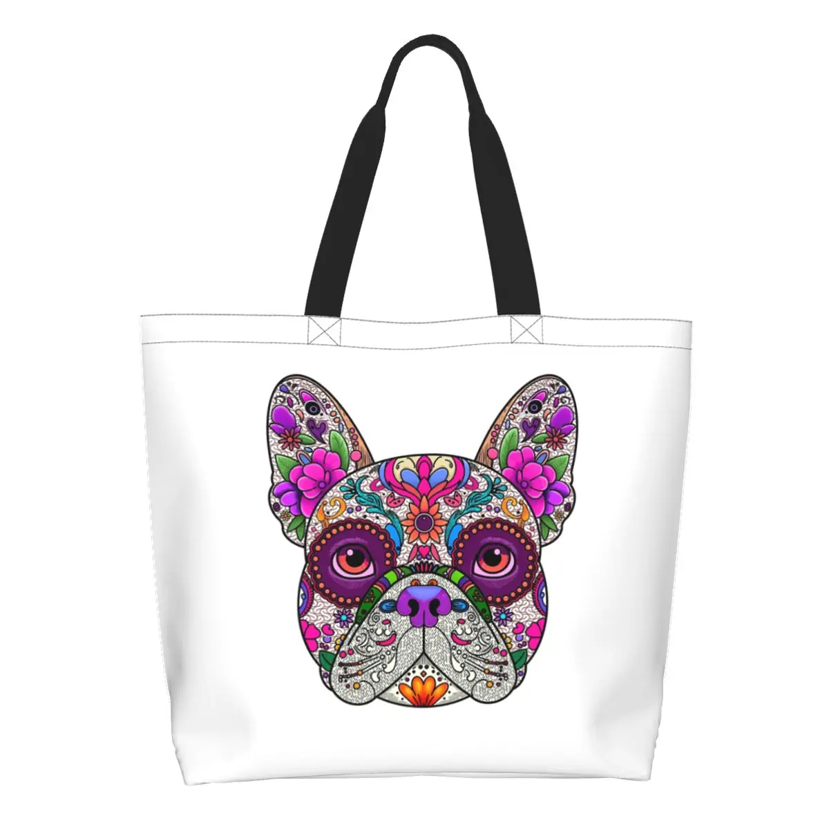 Mexican Day Of The Dead Dog Frenchie Shopping Tote Bag Canvas Large Capacity Shoulder Bags Shopper Grocery Handbag for Women