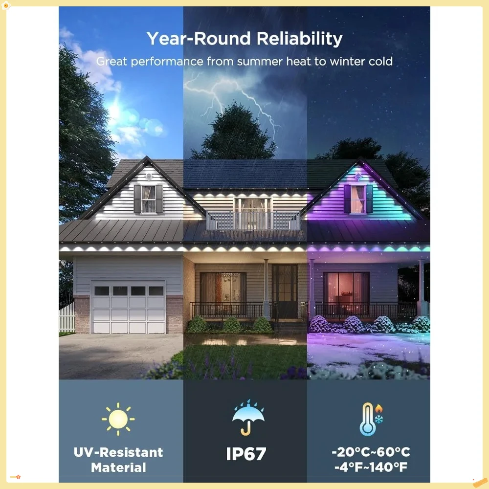 Luzes externas permanentes 2, luzes externas de 100 pés com 72 luzes LED, IP67 à prova d'água, 100 modos de cena com 40lm branco