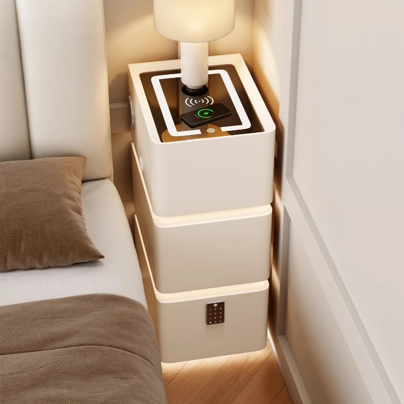Ultra Narrow Floating Nightstand 3-Tier Solid Wood Bedside Table LED Wireless Charging Bedroom