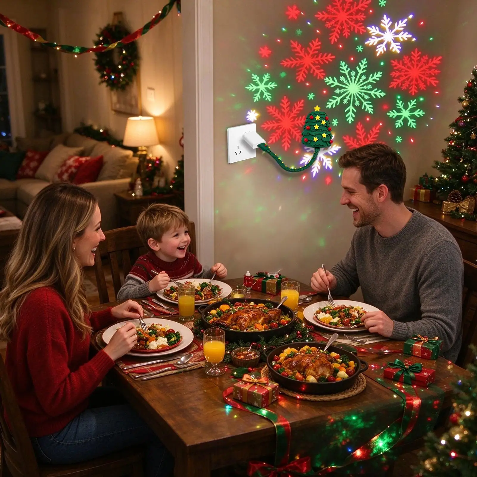 Christmas Projector Plug-and-Play Holiday Decor Lighting USB Powered Night Light For Kids Teens Adults Home Apartment Living