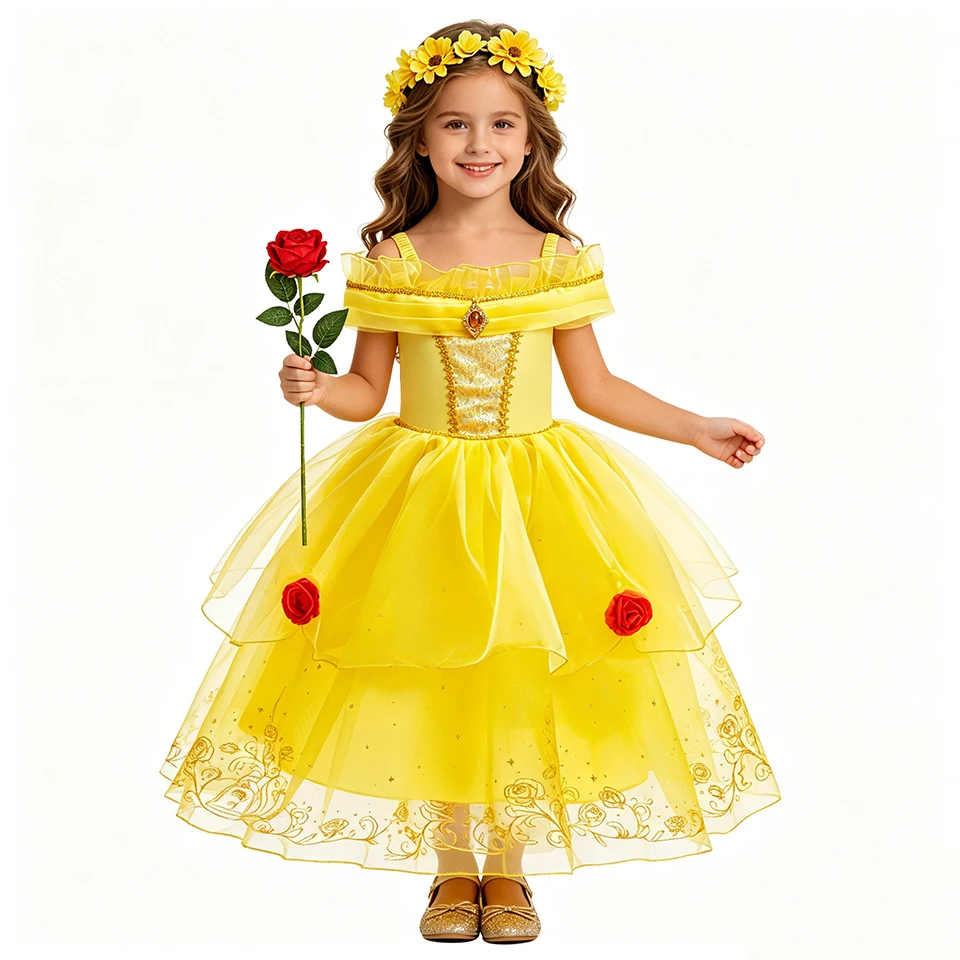 Fancy Girl Beauty Beast Princess Belle Dress Halloween Cosplay Birthday Party Christmas Children's Costume Carnival Kids Clothes