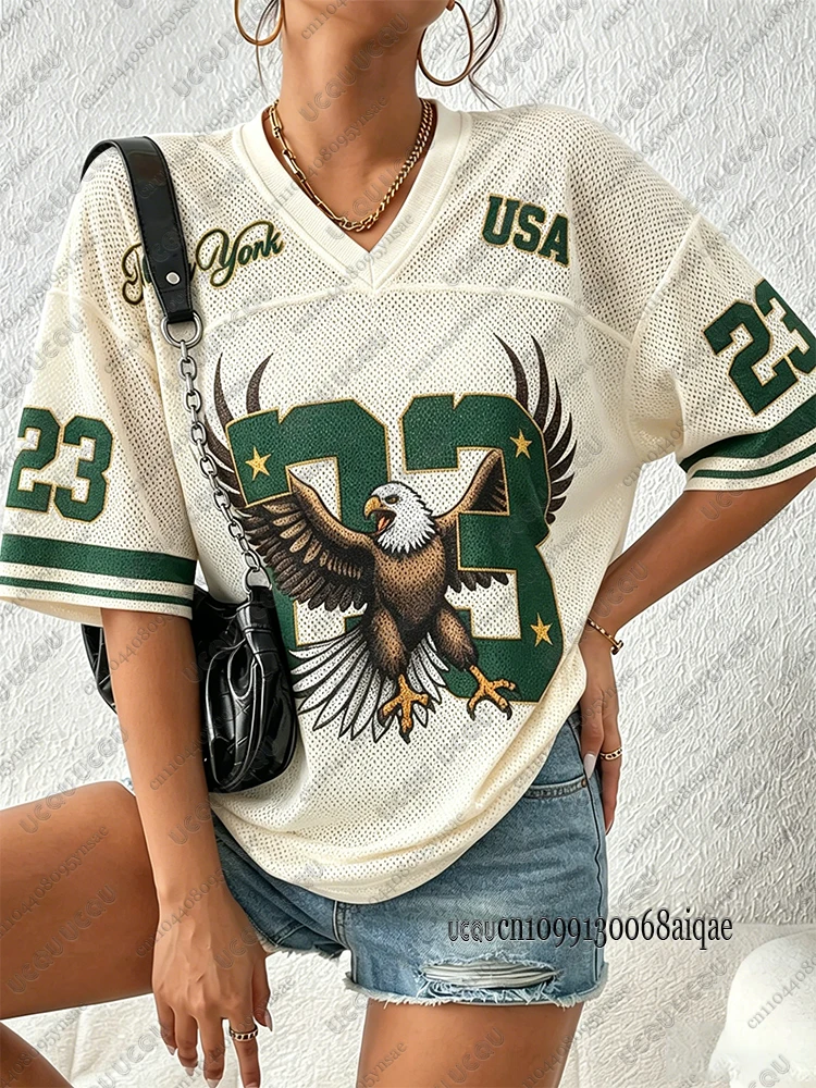 2026 Summer Blue Speed 23 Printed T-Shirt For Women V-Neck Short Sleeve Sports Football Jersey Y2K Loose Oversized Tops