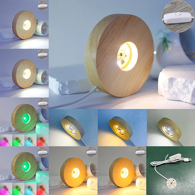Hot Sale 10cm Wood Light Base Rechargeable Wooden LED Light Rotating Display Stand Lamp Holder Lamp Base Art with Power adapter