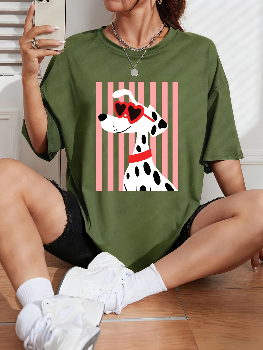 Herzförmige Sonnenbrillen Dalmatiner-Hundemotiv T-Shirts Damen Baumwolle Sommer Übergroße Oberteile O-Ausschnitt Kurzarm-T-Shirts Weiche Streetwear – Detail 26