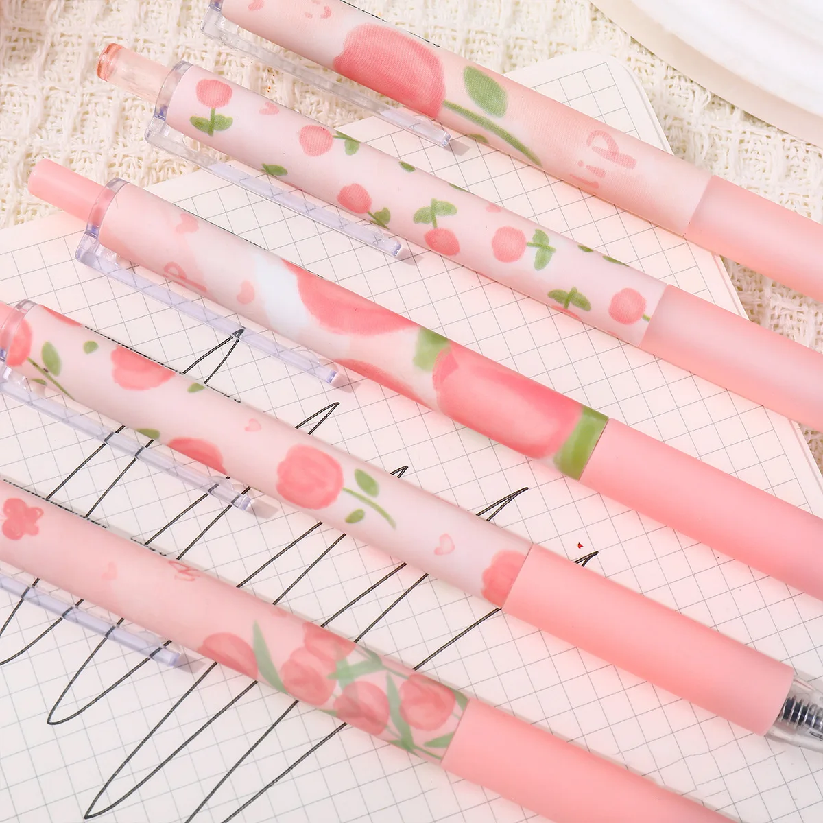 6pcs Pink Tulip Retractable Gel Pen Ins Aesthetic 0.5mm ST Tip Quick Dry Black Ink Girly Student Practice Stationery