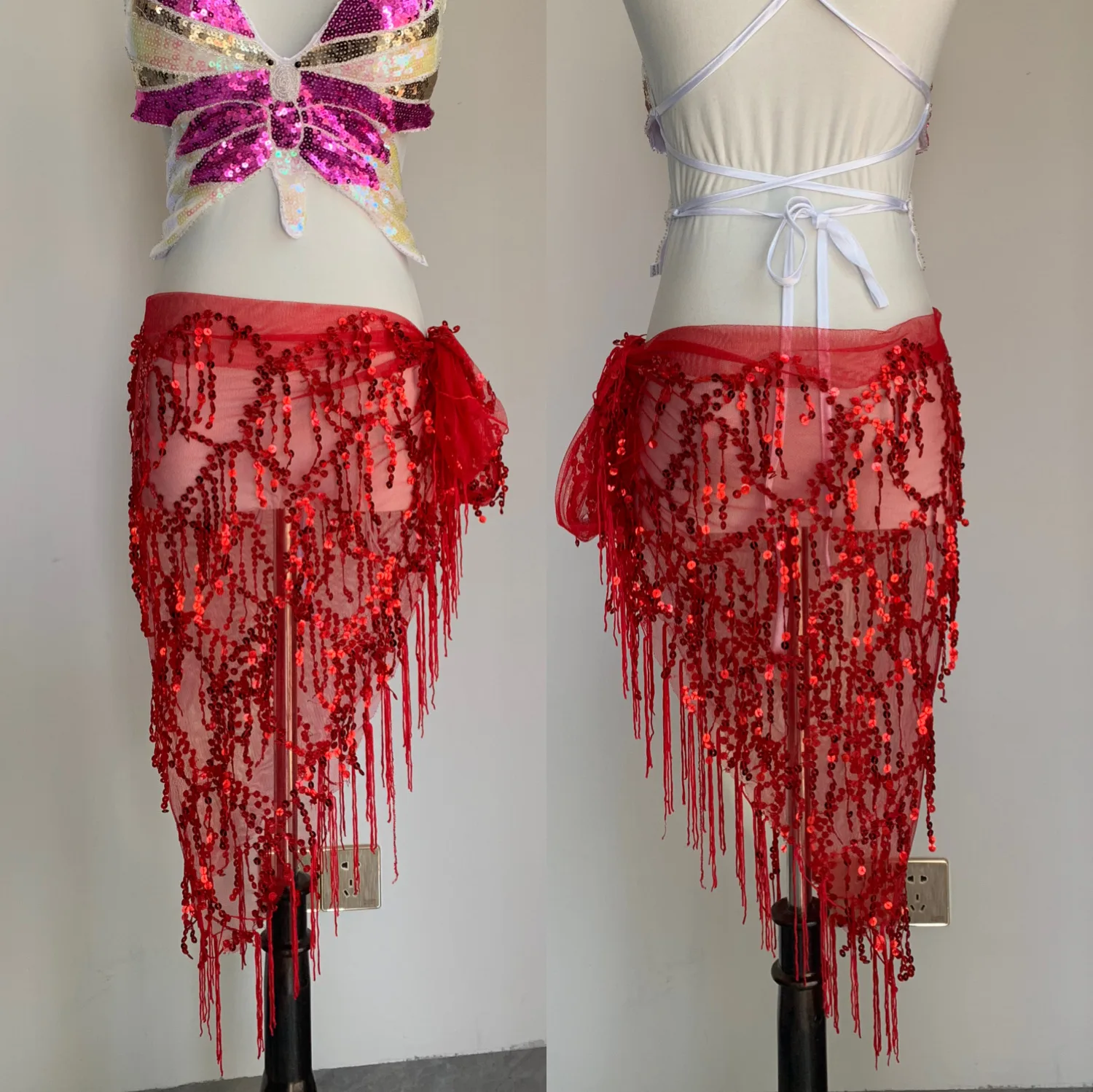 Belly Dance Sequined Fringed Triangle Scarf Waist Chain Belly Dance Hip Scarf Waist Scarf