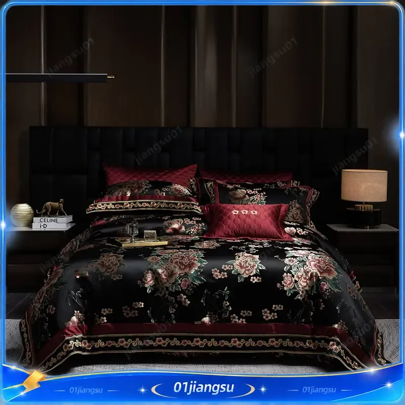 4 7Pcs Luxury Egyptian Cotton Bedding Set Black Jacquard Embroidery Flower Duvet Cover Fitted Sheet Pillowcases Home Textile