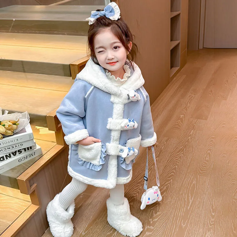 Anime Cinnamoroll Girls Fleece Jacket Sanrios Kawaii Kuromi Cartoon Winter Fashion Fur Coat Thickened Warmth Children's Clothes