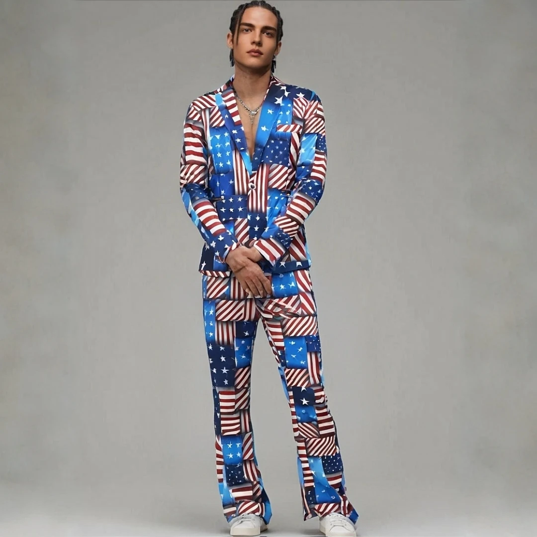 

American Flag Printed 2 Piece Suits for Men Boutique One Button Mens Suit Sets Blazer Jcaket + Pants Party Performance Costume