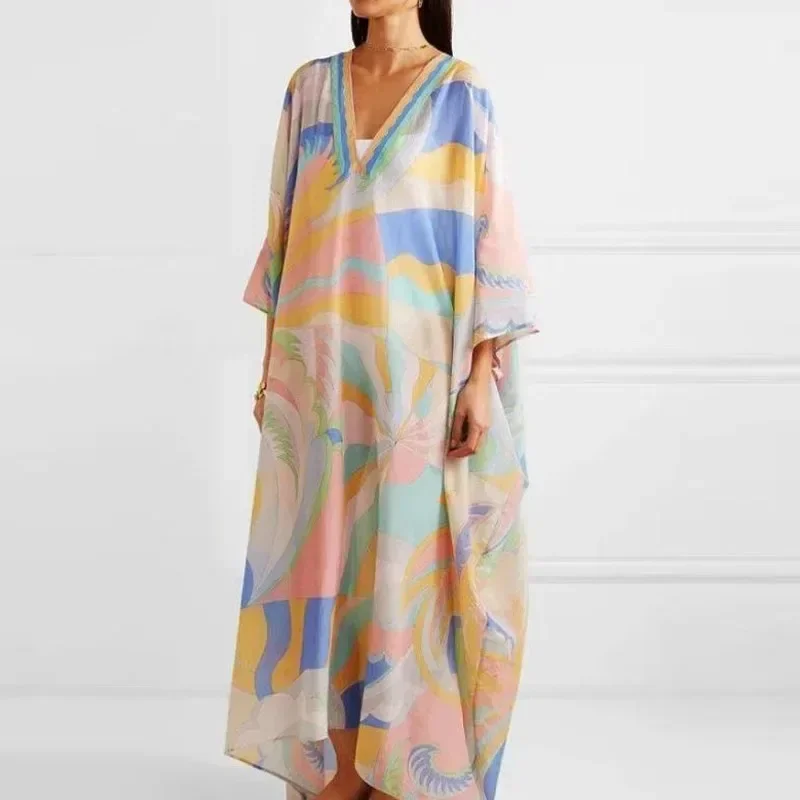 2023, kwiatowy Print elegancka sukienka Maxi letnie kobiety dekolt w serek ponadgabarytowe luźne długie sukienki Boho Casual kobieca sukienka z rozcięciem Vestidos